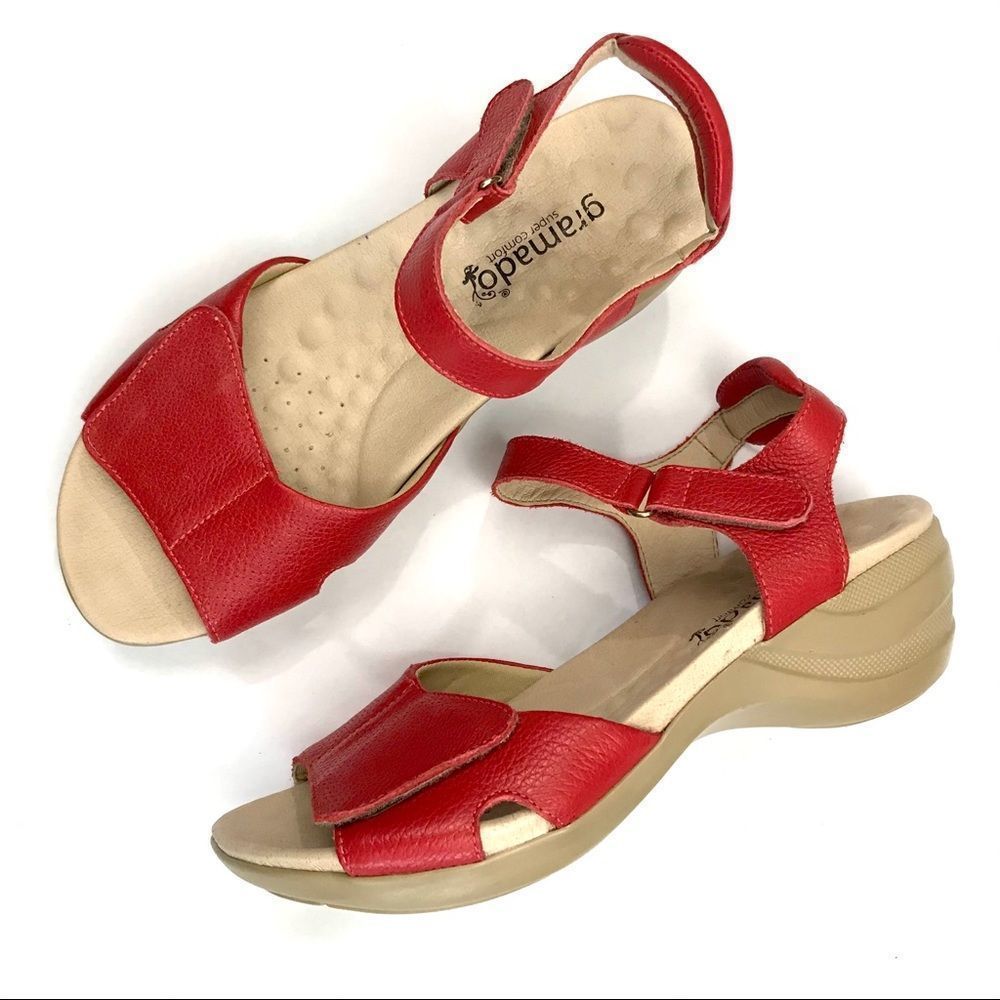 Women's Red Leather Adjustable Strap Sandals